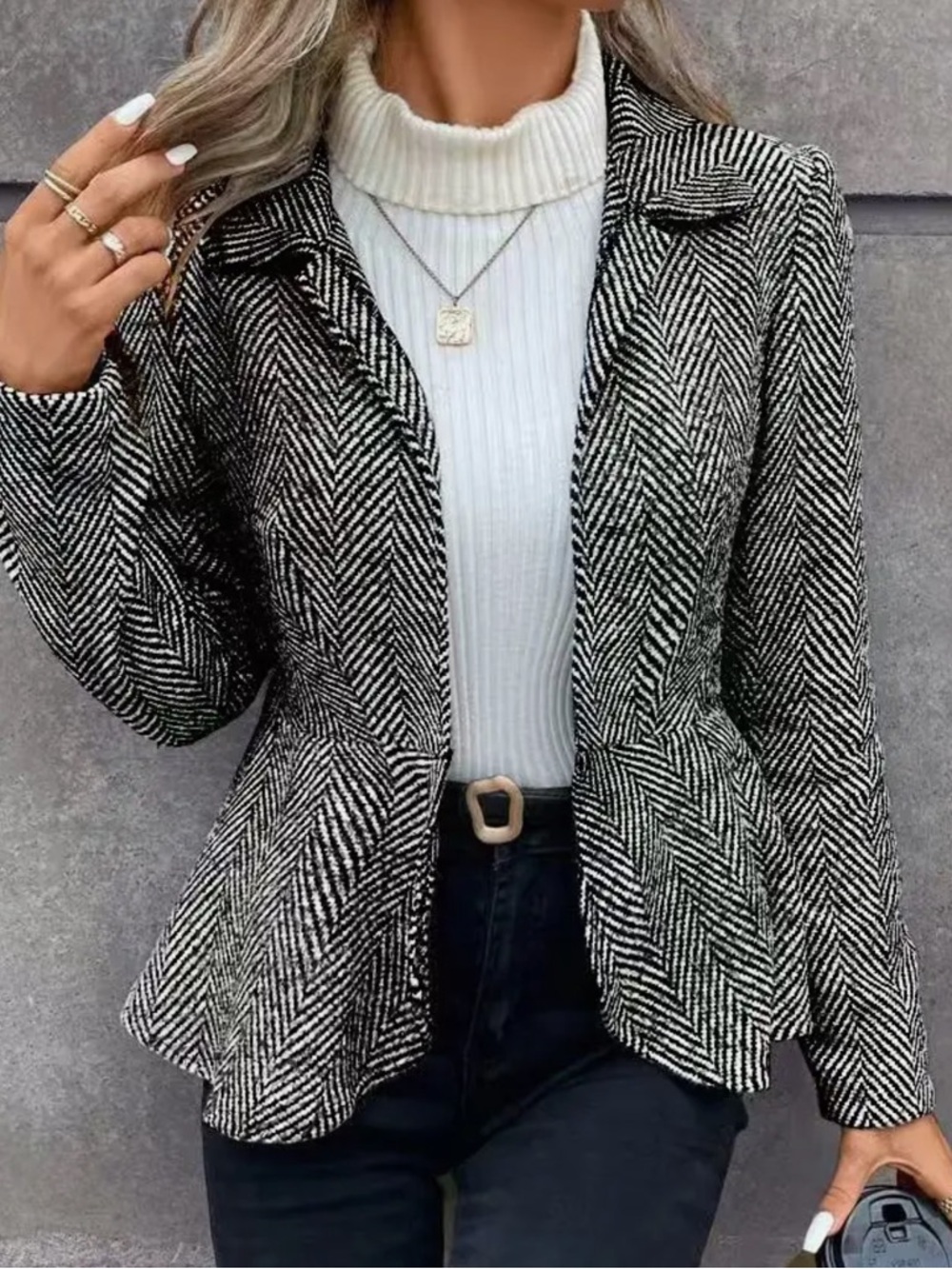 ShopEvelynne Black & White Herringbone Peplum Blazer